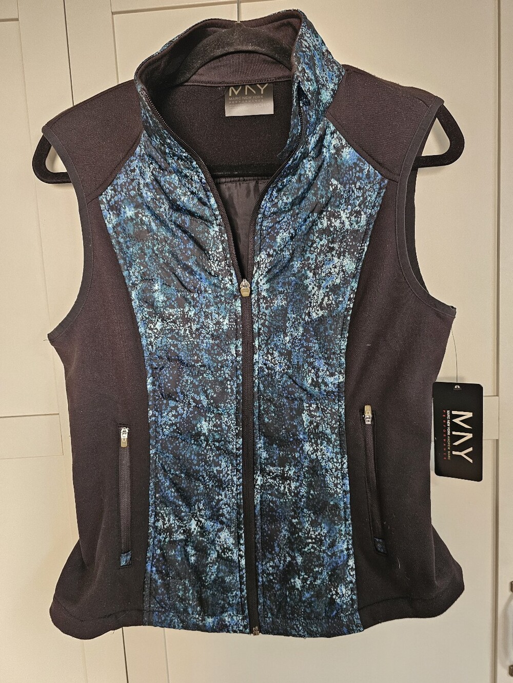 Marc New York Performance Vest Womens Small S NWT Black Blue Splatter Quilted